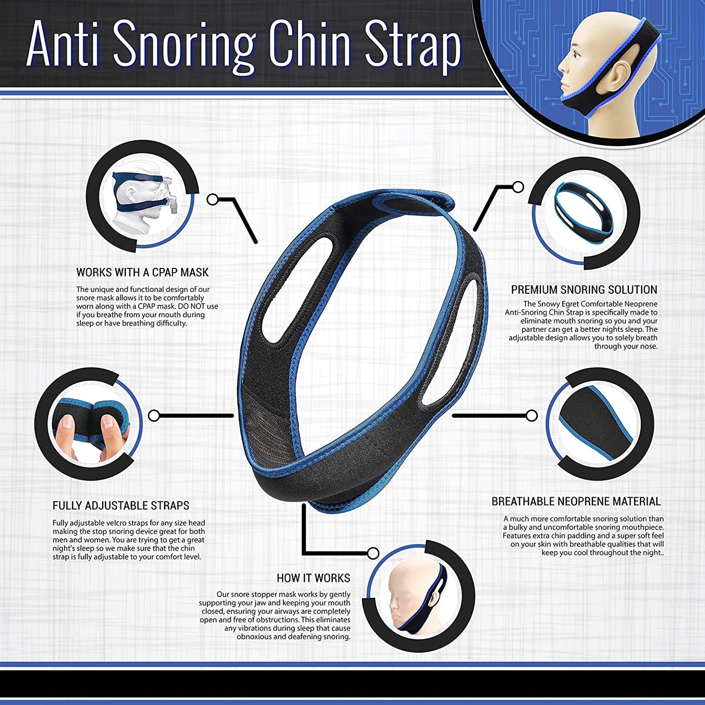 Anti Snoring Chin Strap - Snoring Solution, Effective Snore Stopper with Comfortable Neoprene for Better Sleep